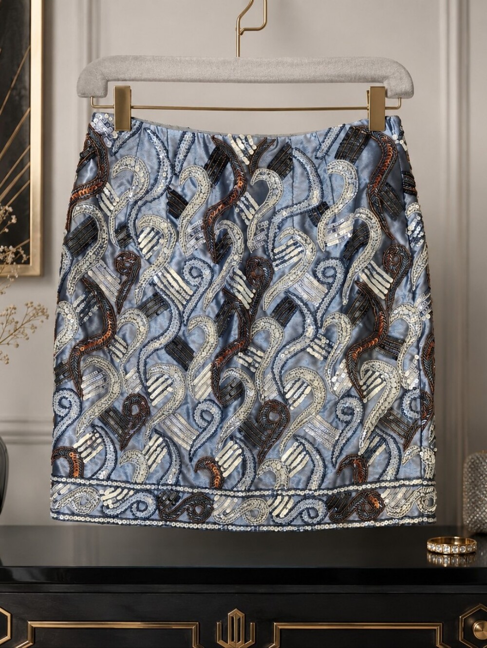 Beaded Embroidered Satin Mini Skirt Blue Silver Black Tie Cocktail Party